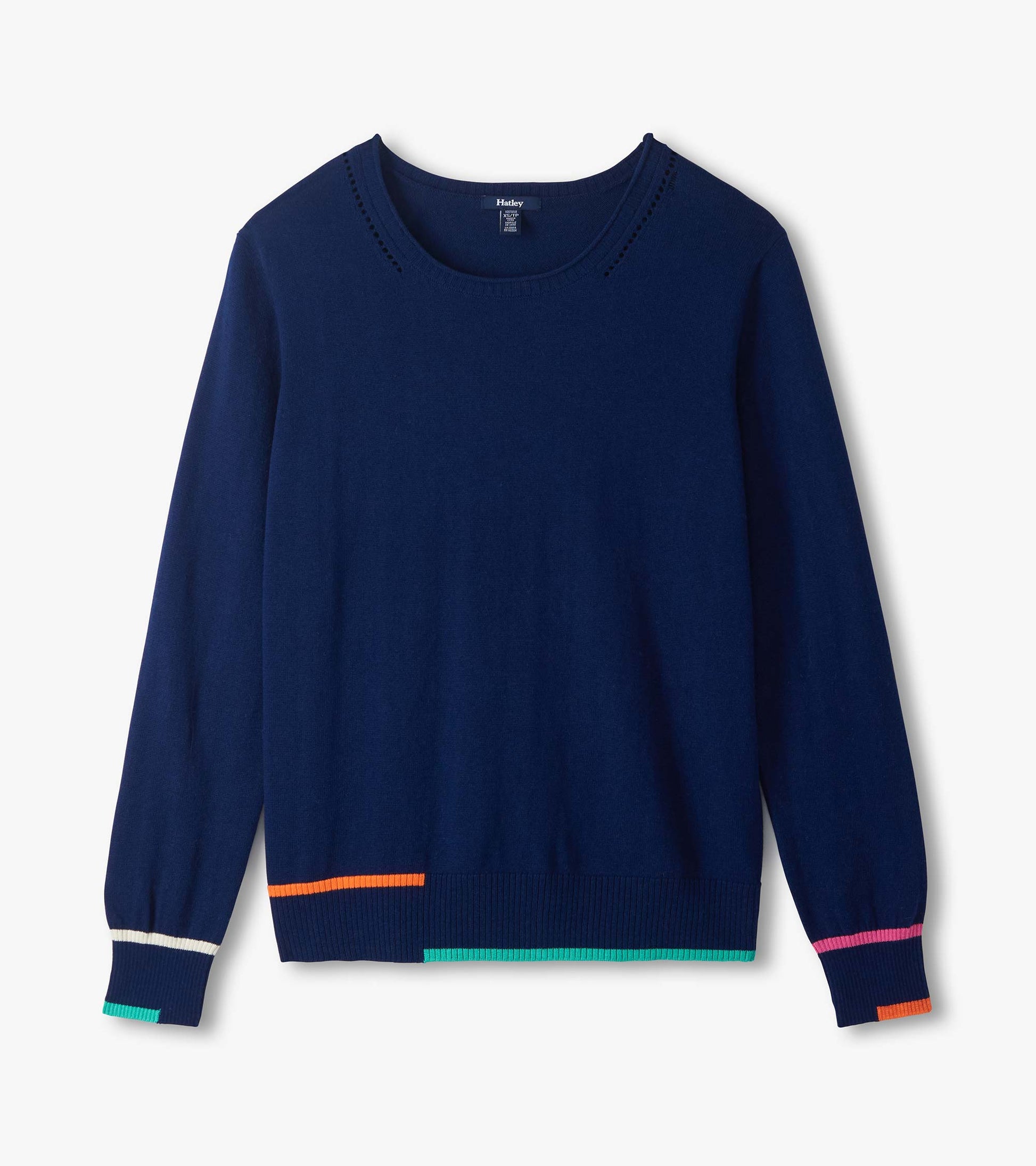Flat lay of patriot blue crew neck sweater with long sleeves and multicolor striped hem and cuffs