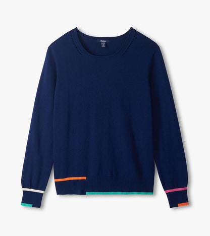 Flat lay of patriot blue crew neck sweater with long sleeves and multicolor striped hem and cuffs