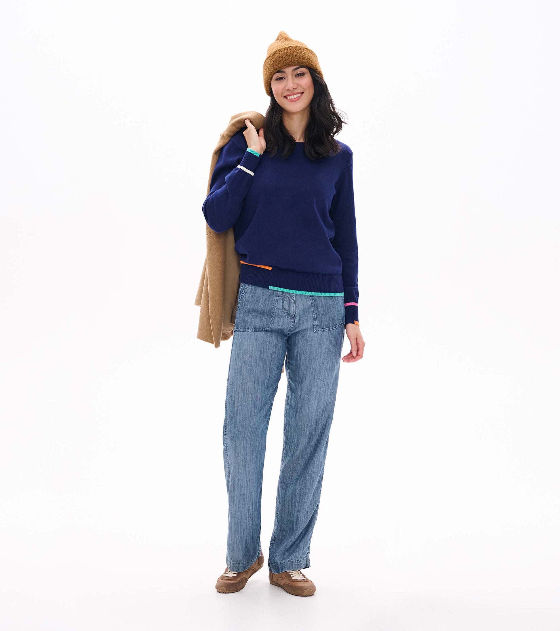 Front view of patriot blue crew neck sweater with colorful trim at the hem and cuffs