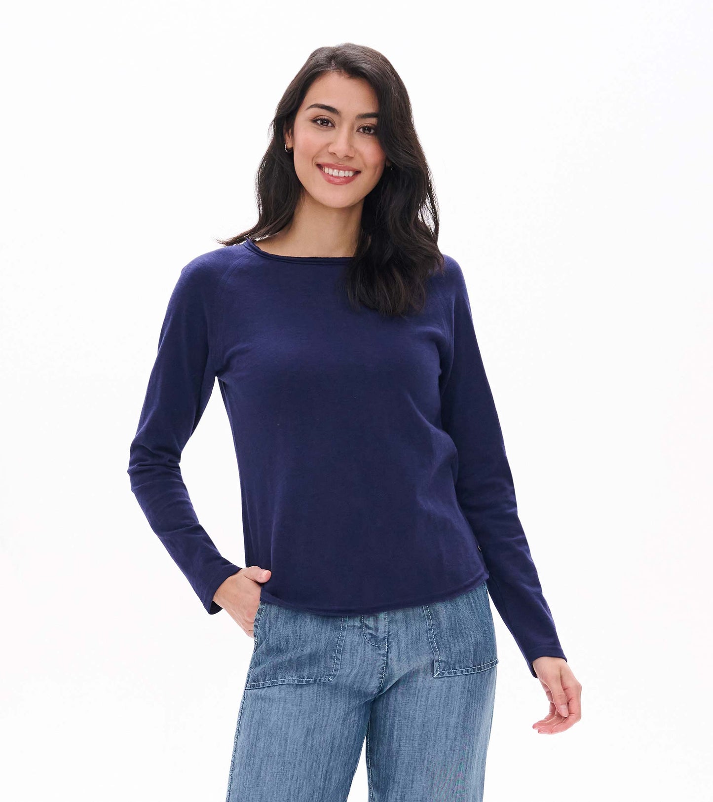 Front view of patriot blue raglan sleeve tee with long sleeves and a rolled neckline