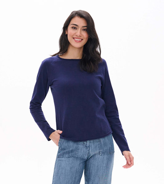 Front view of patriot blue raglan sleeve tee with long sleeves and a rolled neckline