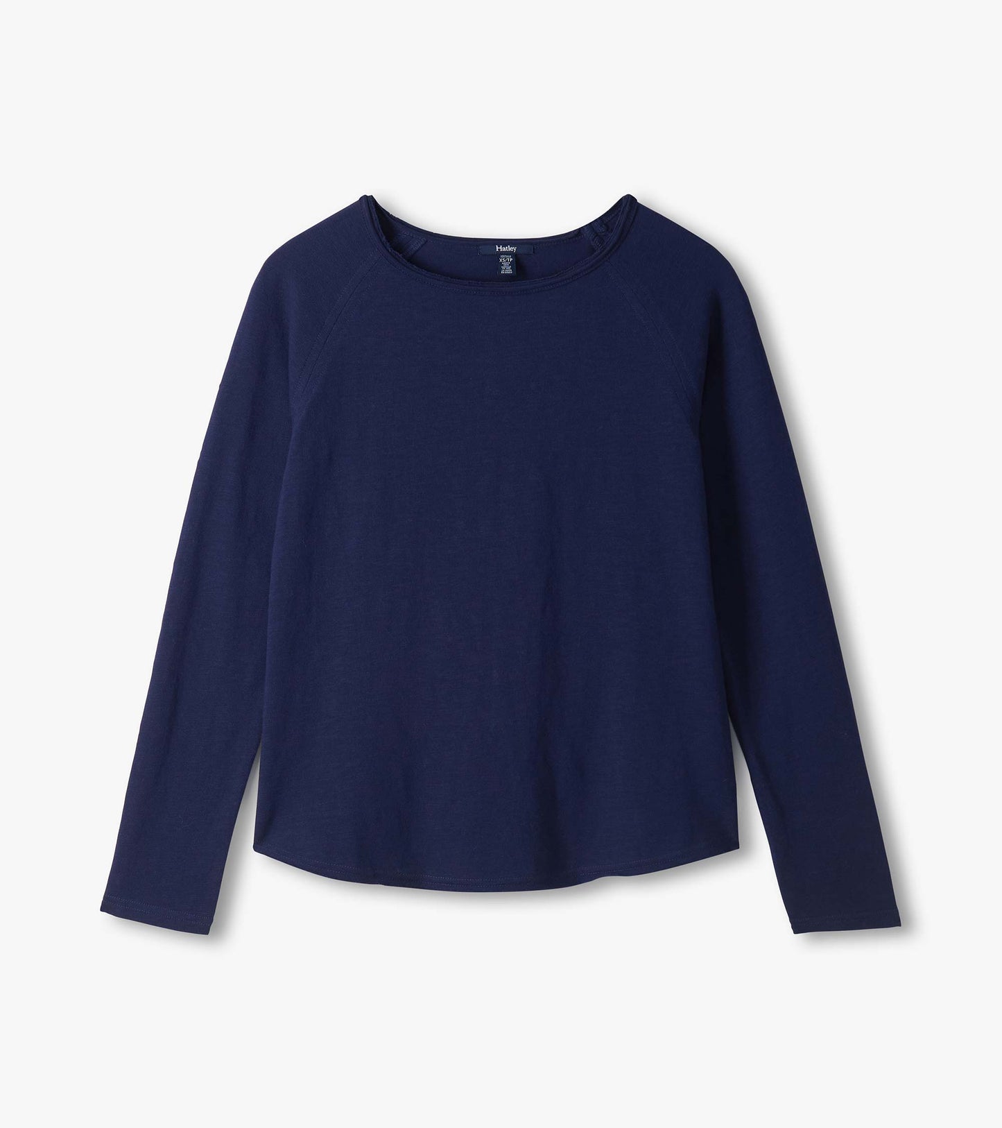 Patriot blue raglan sleeve tee laid flat, showing long sleeves and a rolled neckline