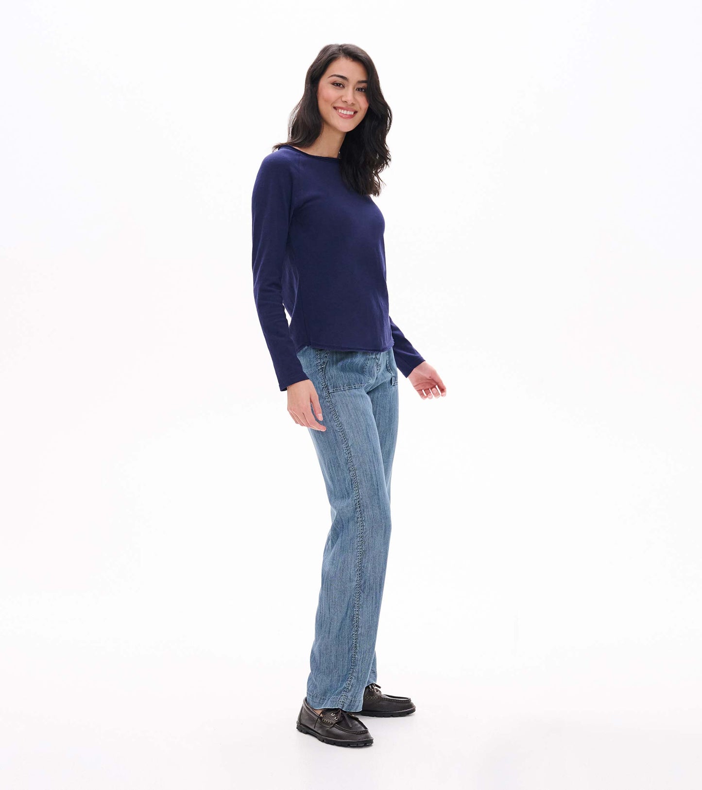 Side view of patriot blue raglan sleeve tee with long sleeves and a curved hem