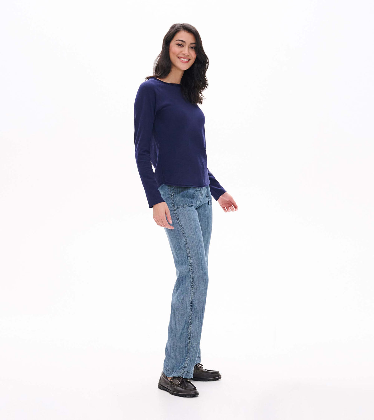 Side view of patriot blue raglan sleeve tee with long sleeves and a curved hem