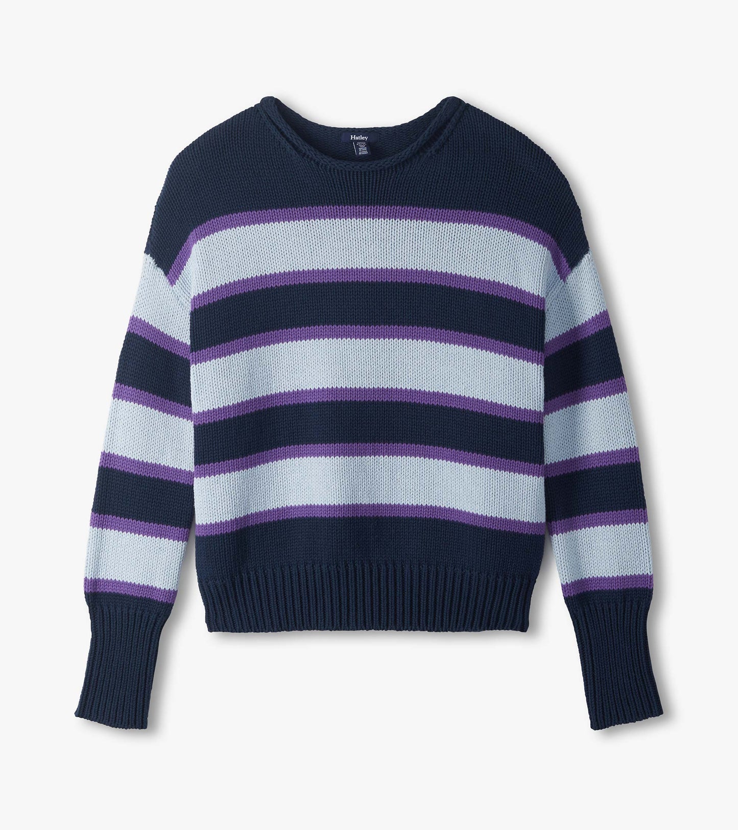 Flat lay of rolled collar sweater in navy, white, and purple stripes with long sleeves