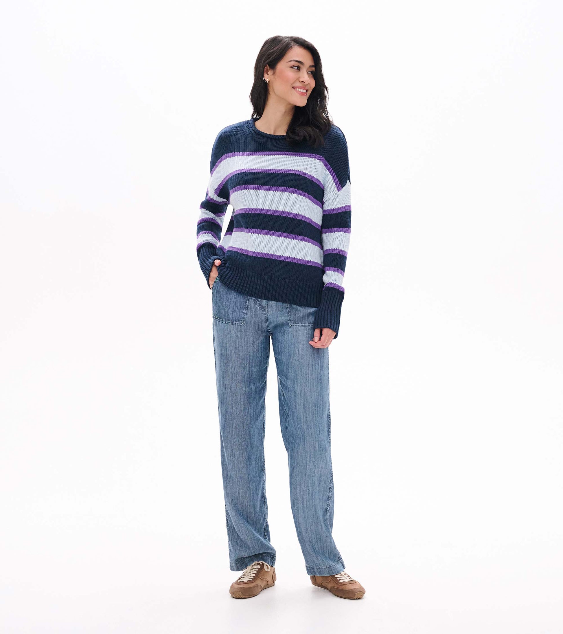 Full front view of striped rolled collar sweater with dropped shoulders and ribbed cuffs