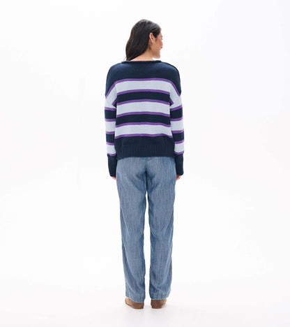 Back view of striped rolled collar sweater with navy, white, and purple horizontal bands