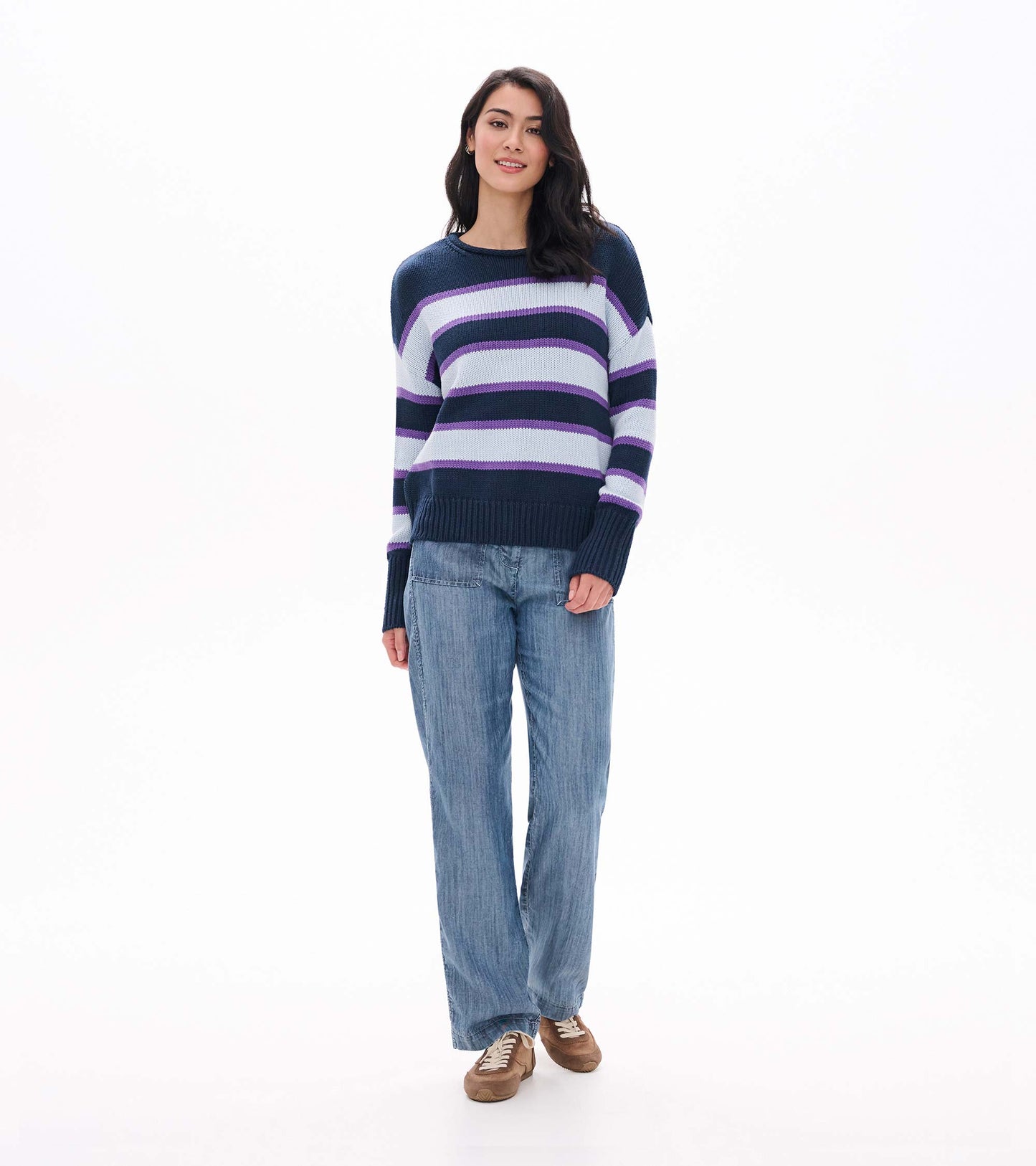 Front view of rolled collar sweater with navy, light blue, and purple stripes