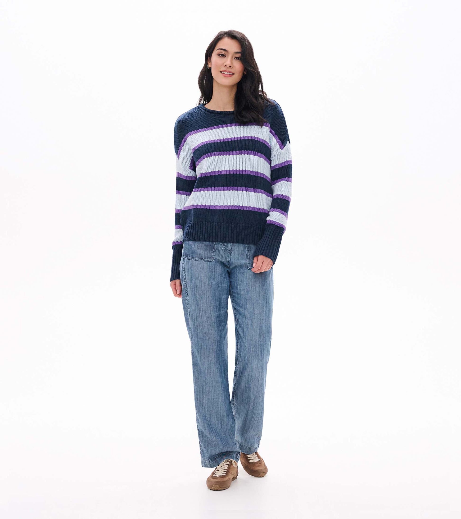 Front view of rolled collar sweater with navy, light blue, and purple stripes