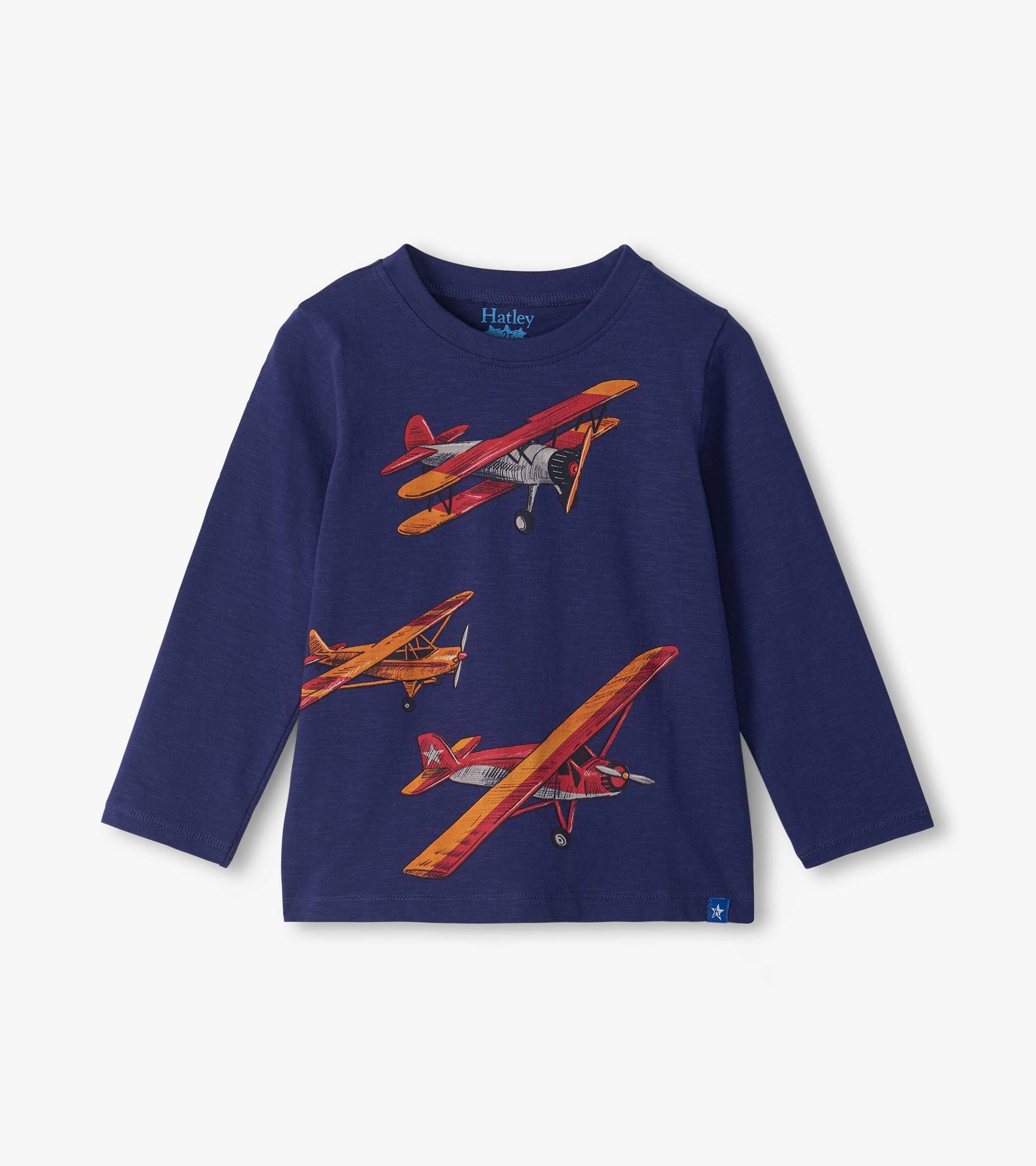 Navy long-sleeve crew neck kids tee with red, orange, and gray vintage airplane print