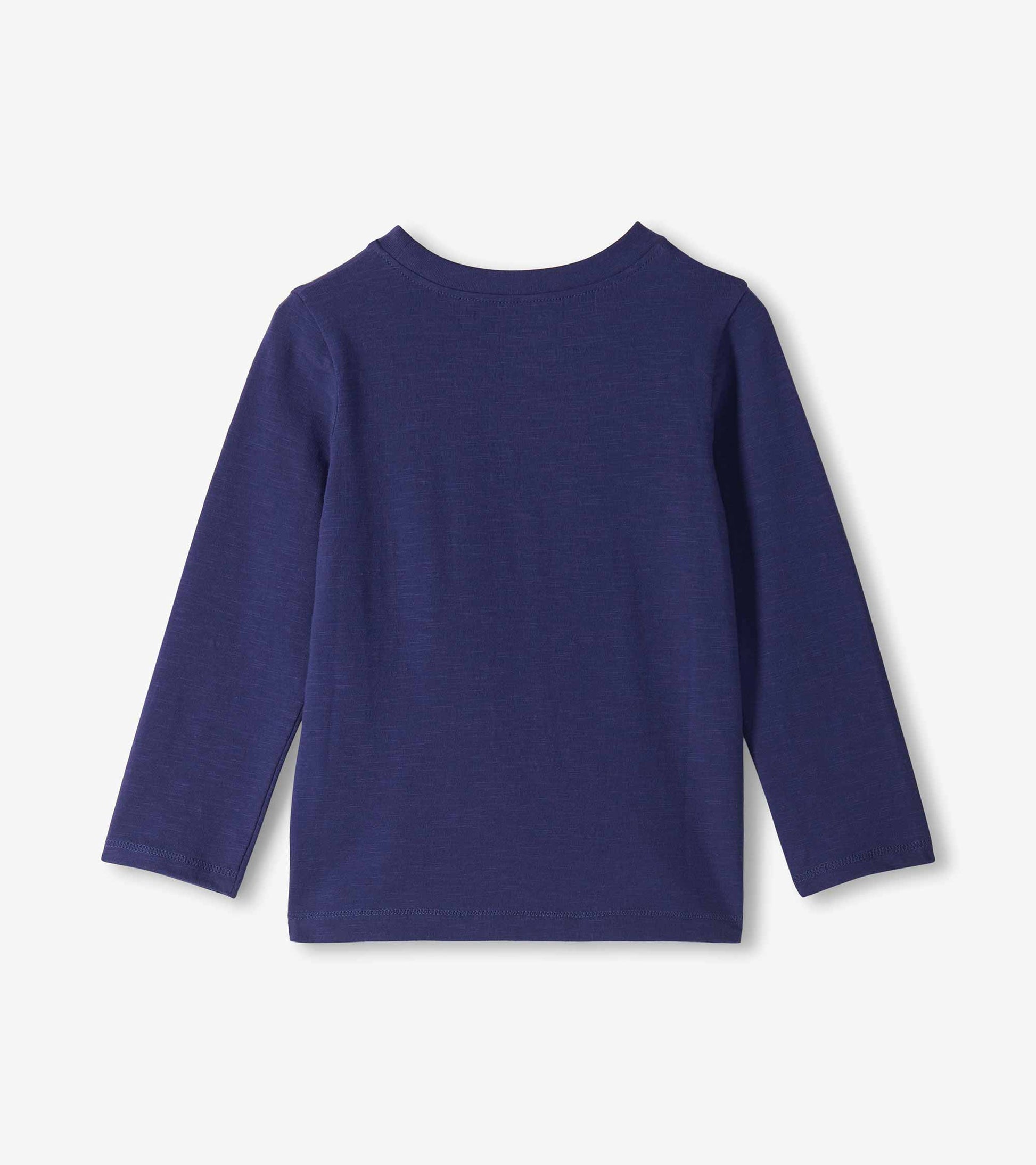 Back view of a navy long-sleeve crew neck toddler T-shirt with a plain solid back