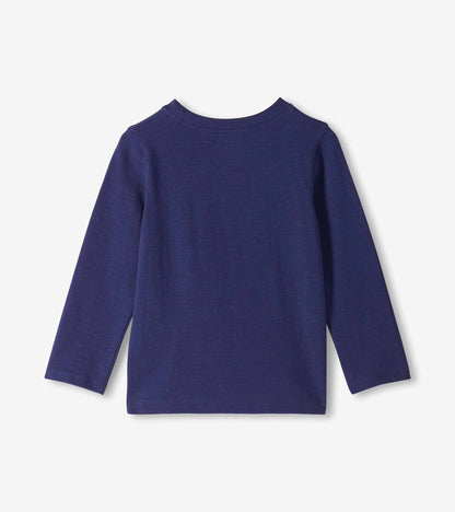 Back view of a navy long-sleeve crew neck toddler T-shirt with a plain solid back