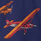Orange model airplane with propellers on a dark blue background