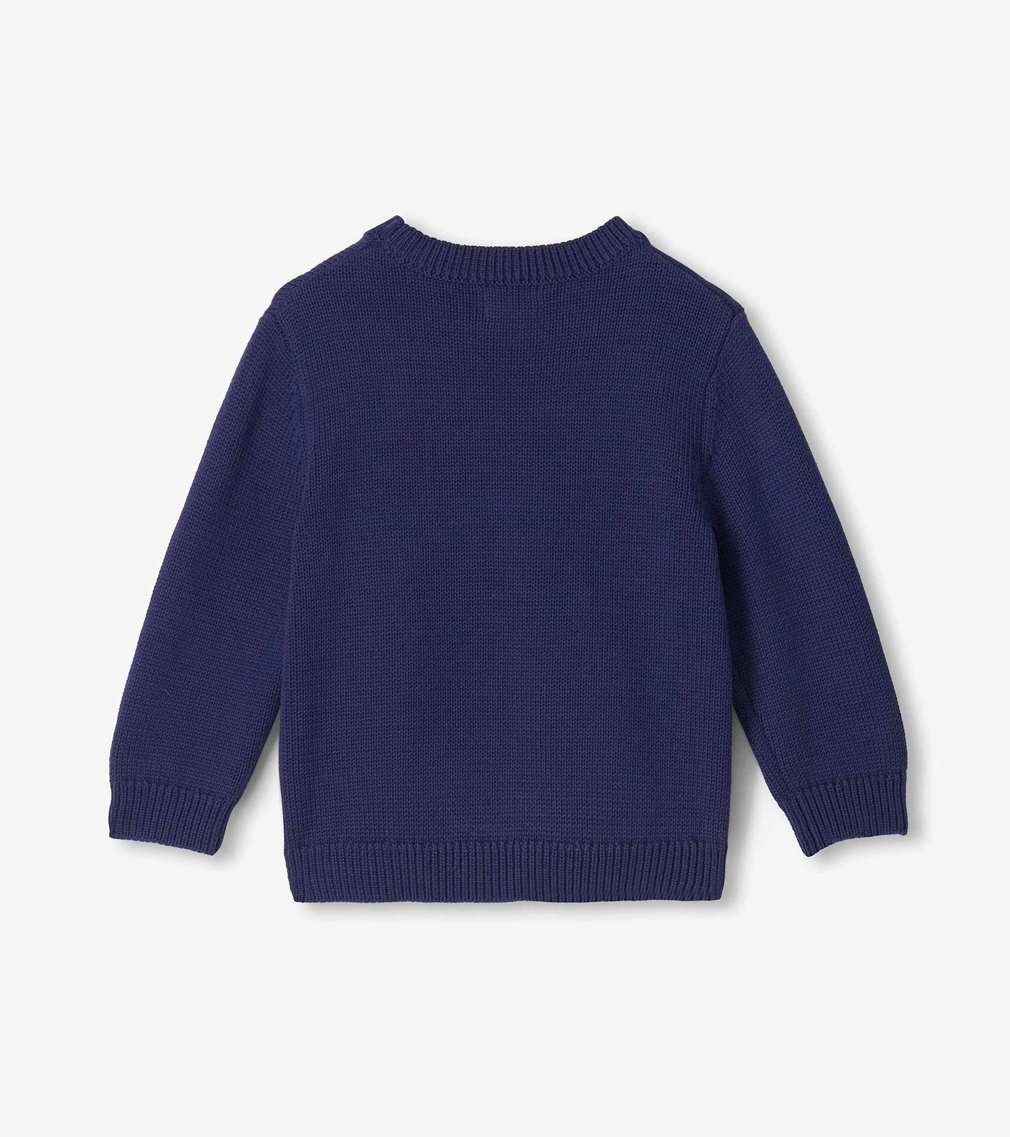 Back view of navy knit boys sweater with long sleeves and ribbed collar, cuffs, and hem