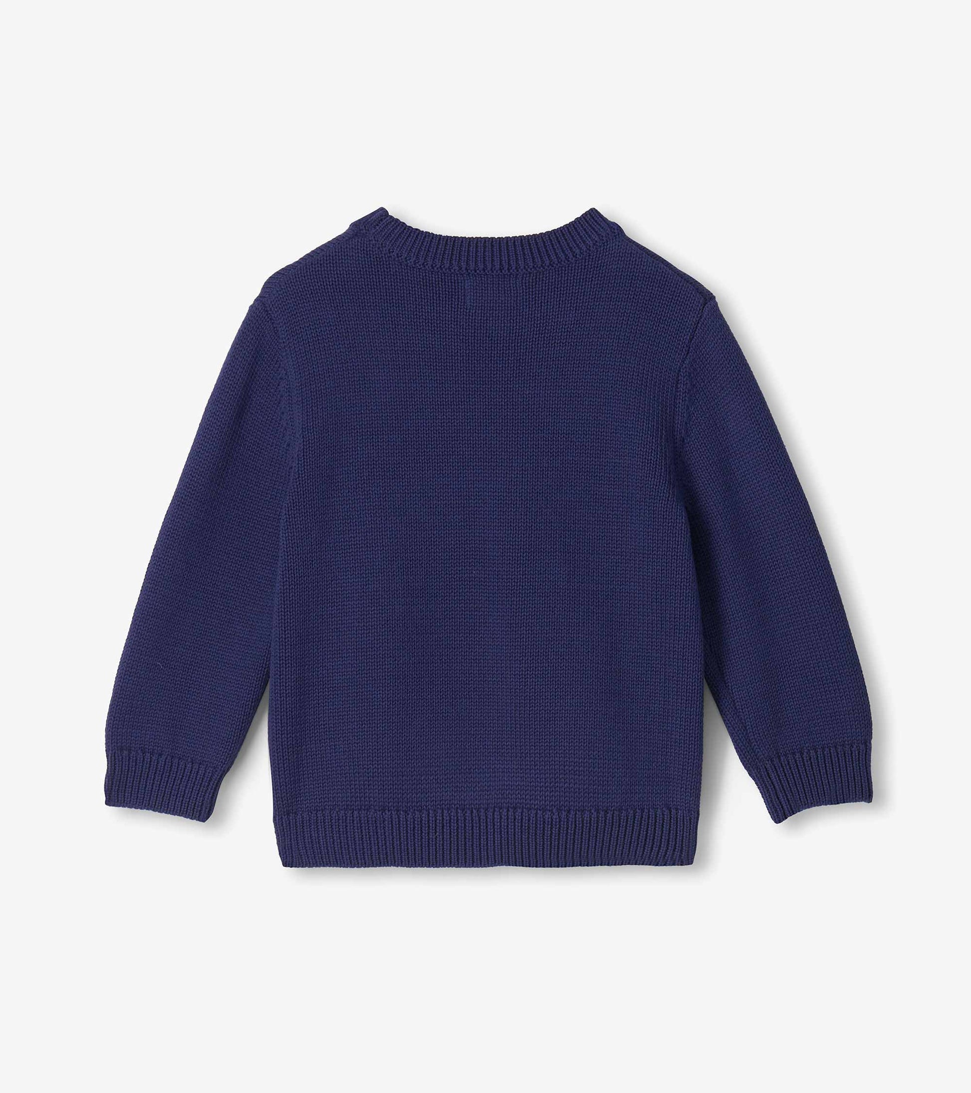 Back view of navy knit boys sweater with long sleeves and ribbed collar, cuffs, and hem