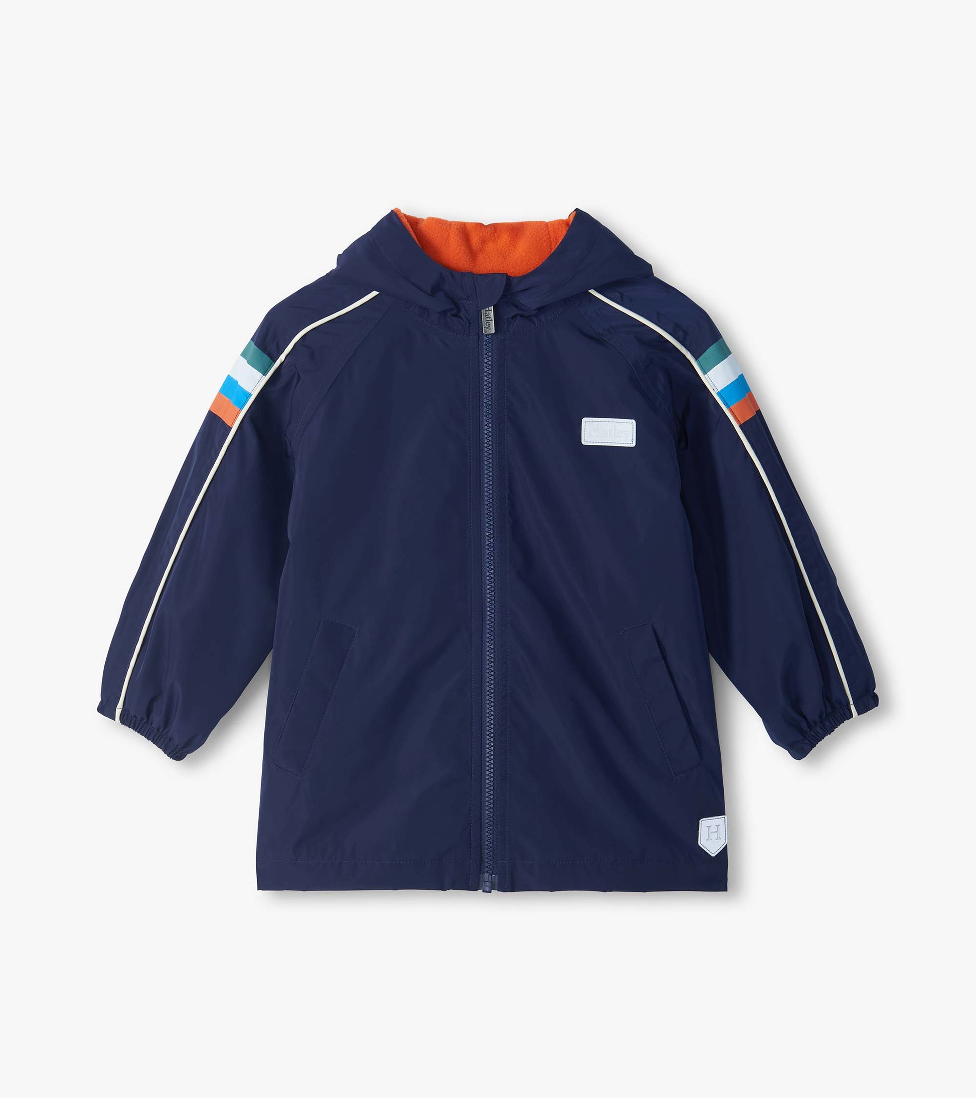 Front view of dark navy hooded rain jacket with orange lining, zip front, striped sleeves, and front pockets
