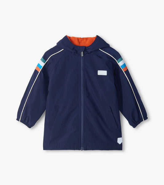 Front view of dark navy hooded rain jacket with orange lining, zip front, striped sleeves, and front pockets