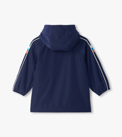 Back view of dark navy hooded rain jacket with striped sleeve detail and white piping