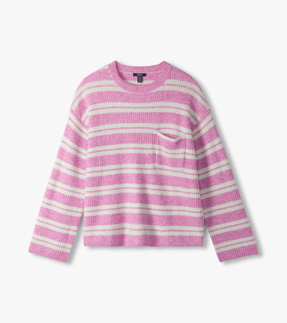 Pink and cream striped sweater laid flat with crew neckline, long sleeves, and small chest pocket