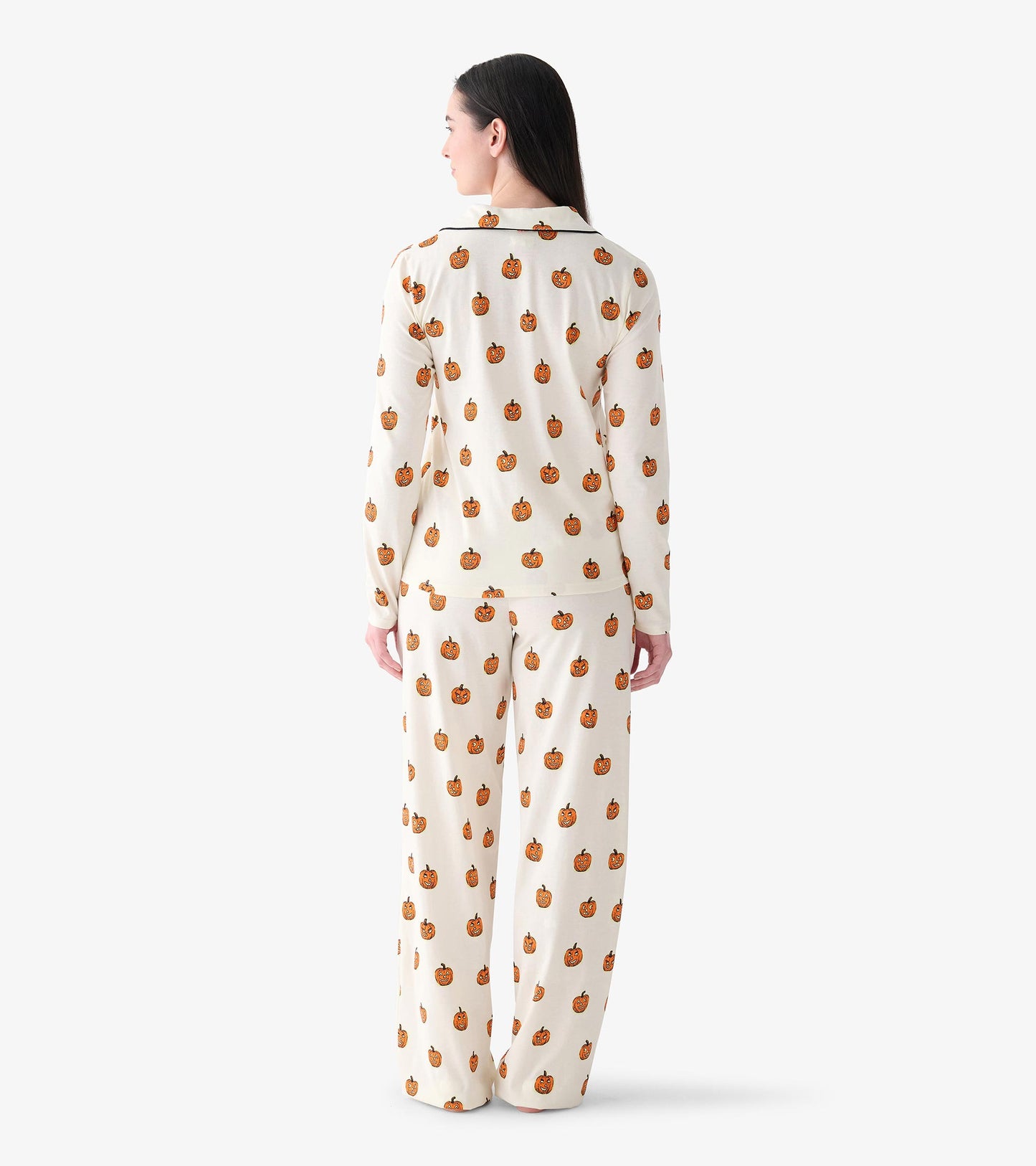 Back view of cream pumpkin print pajama set with long-sleeve top and wide-leg pants