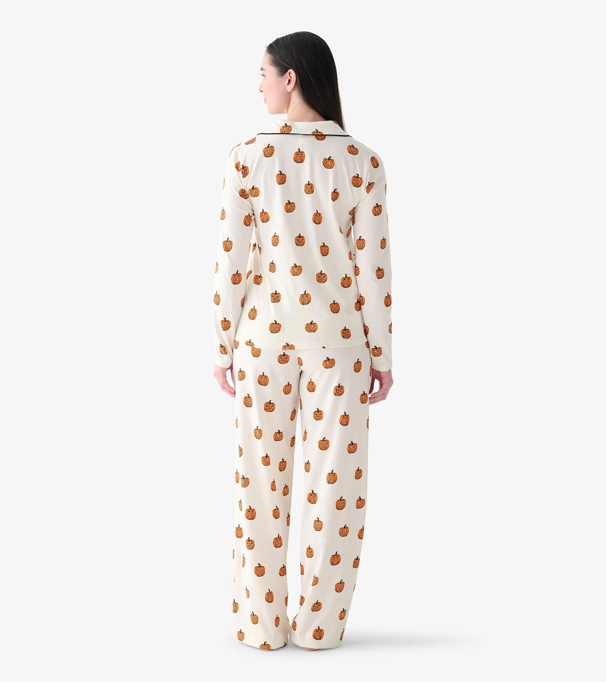 Back view of cream pumpkin print pajama set with long-sleeve top and wide-leg pants