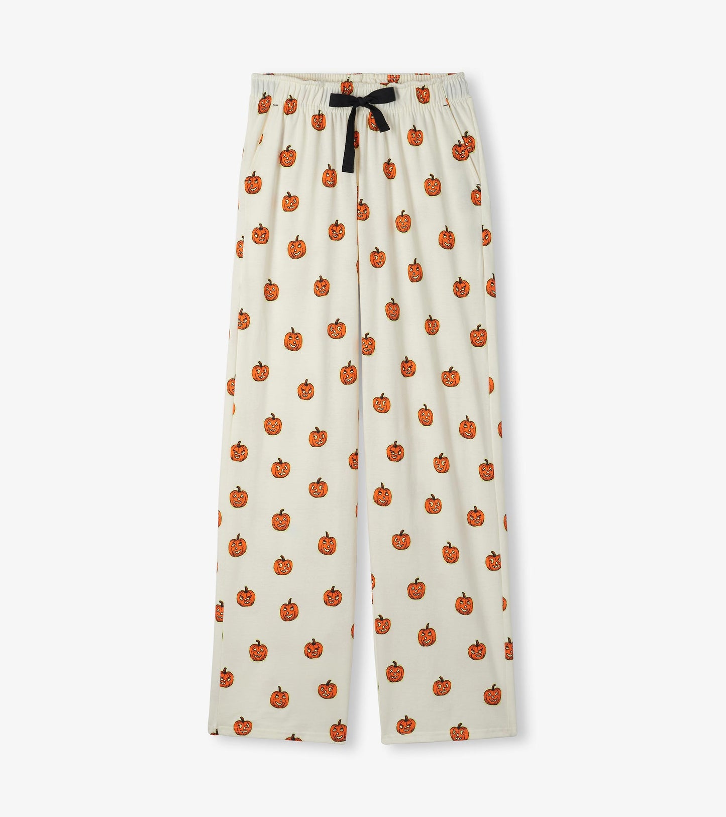 Cream wide-leg pajama pants with orange jack-o'-lantern print and black drawstring waist