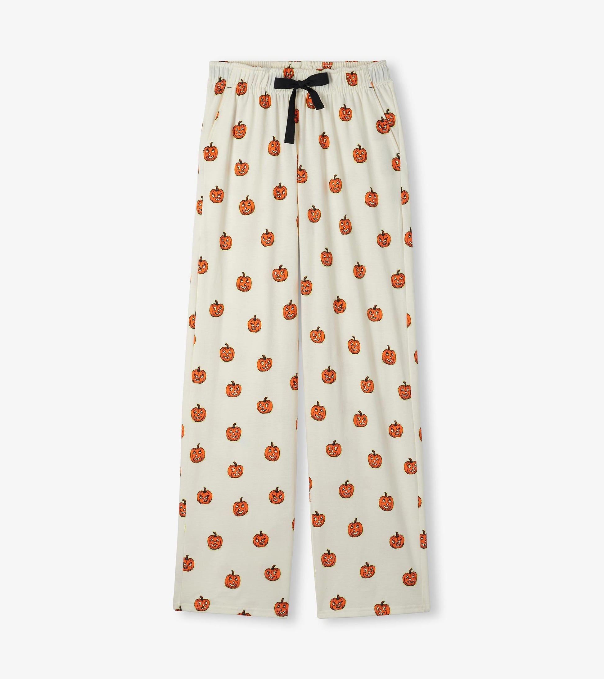 Cream wide-leg pajama pants with orange jack-o'-lantern print and black drawstring waist