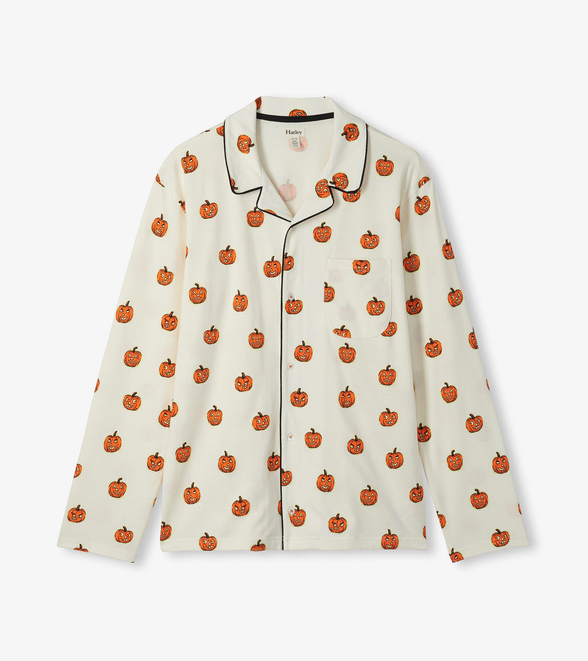 Cream long-sleeve pajama shirt with orange pumpkin print, black piping, and a chest pocket