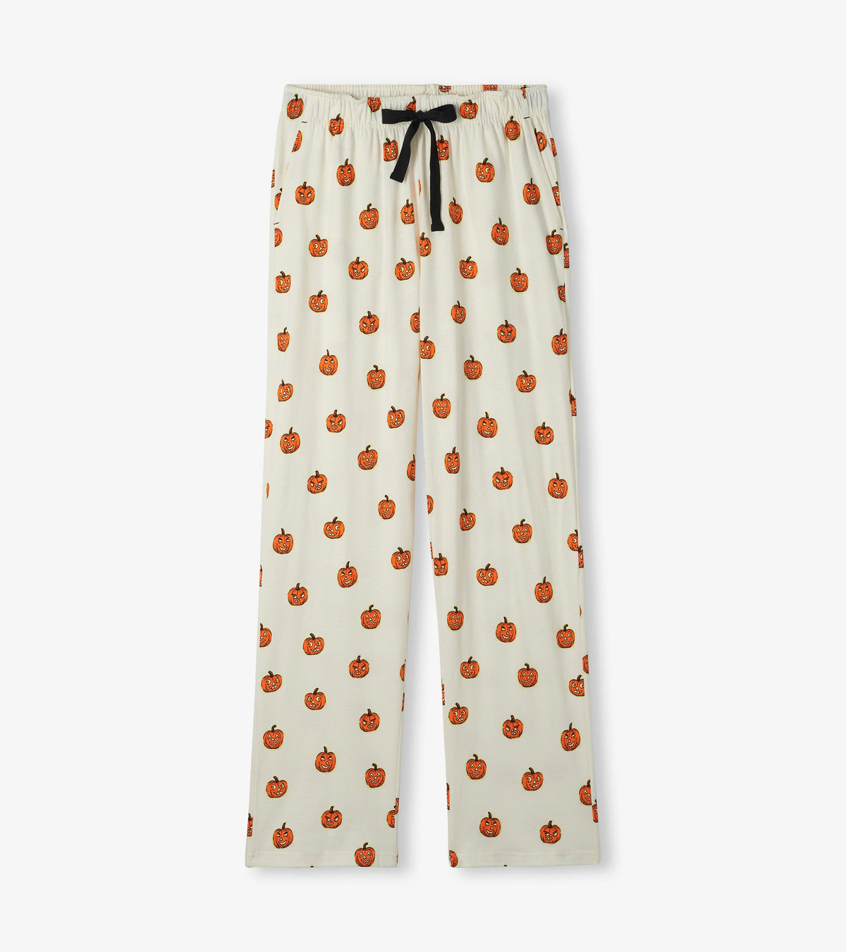 Men's pajama pants in cream with orange jack-o'-lantern print and black drawstring waistband