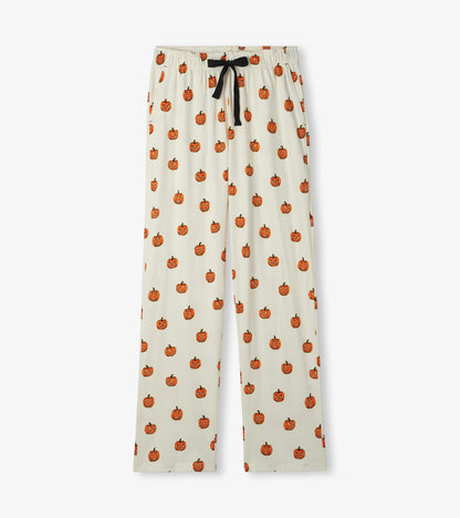 Men's pajama pants in cream with orange jack-o'-lantern print and black drawstring waistband