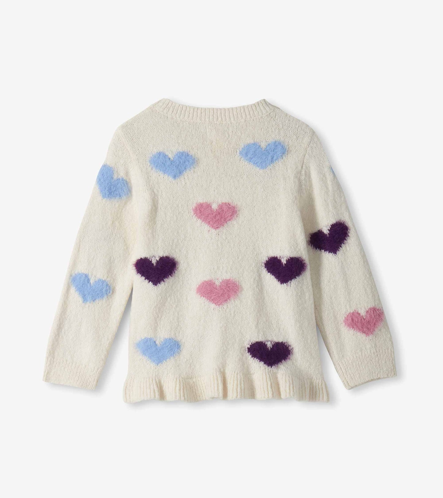 Back view of cream girls sweater with blue, pink, and purple hearts, long sleeves, and a ruffled hem