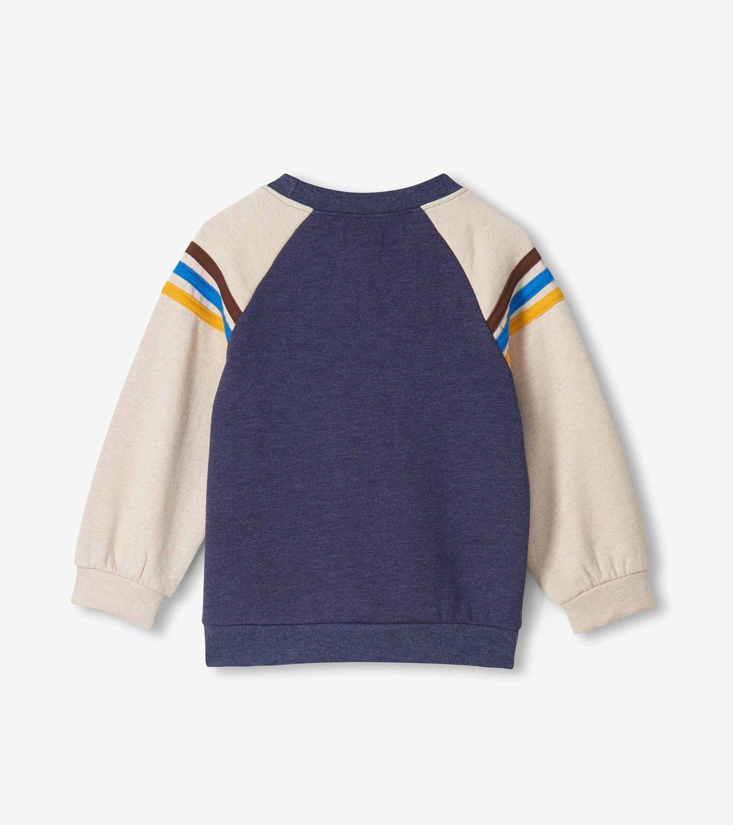 Back view of navy pullover sweatshirt with oatmeal raglan sleeves and blue, white, yellow, and brown shoulder stripes