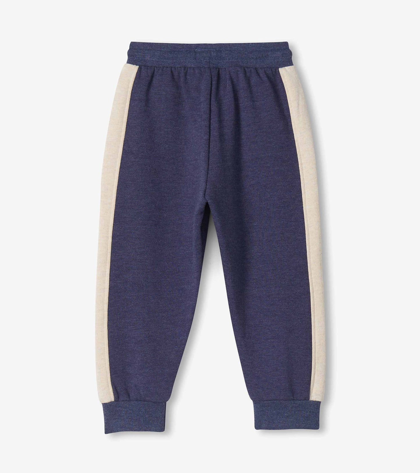 Back view of blue melange track pants with oatmeal side panels and ribbed cuffs