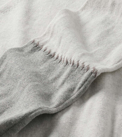 Close-up of pale grey melange sweater dress sleeve with stitched detail at the cuff