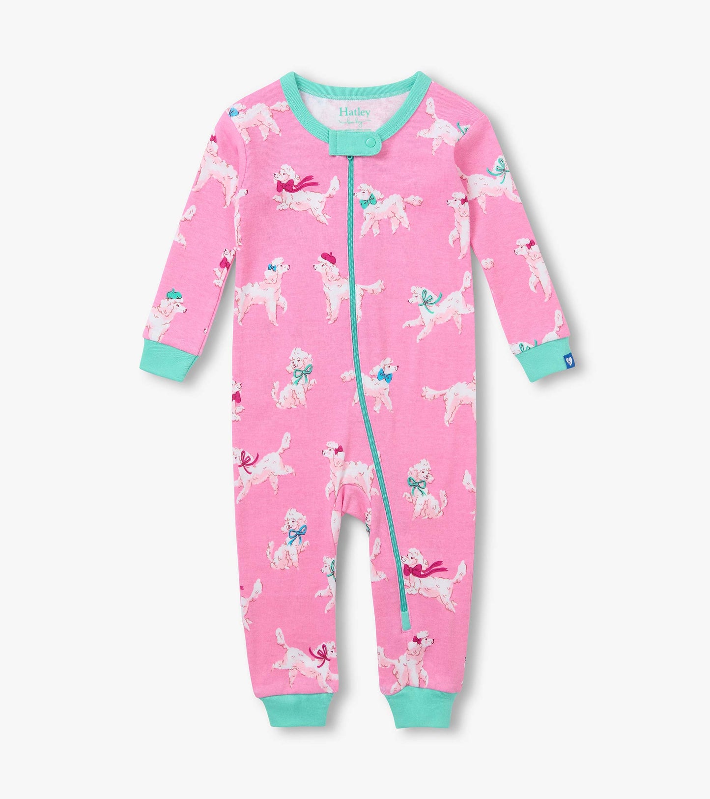 Front view of pink infant coverall with poodle print, teal trim, long sleeves, and diagonal zip closure