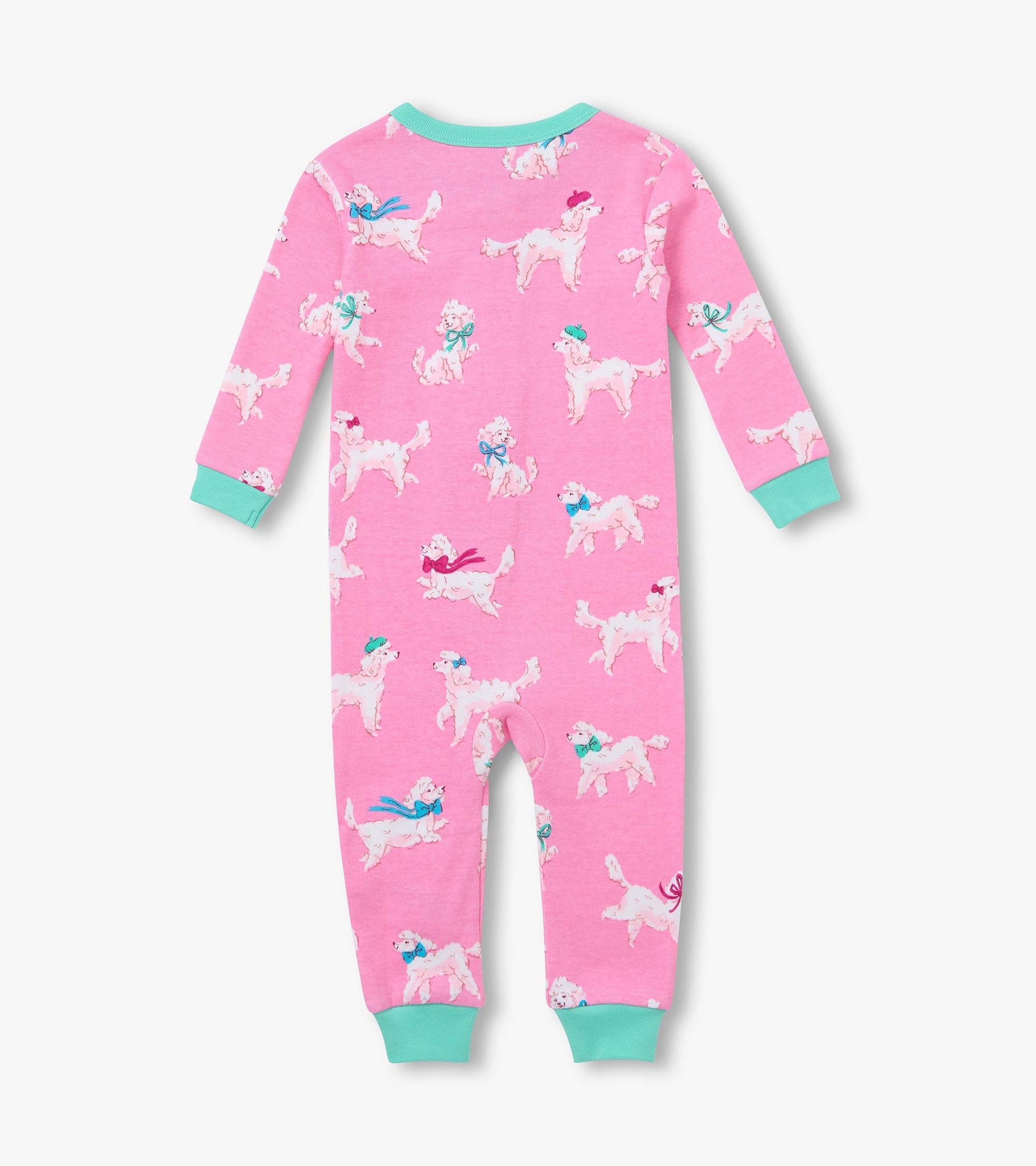 Back view of pink infant coverall with white poodle print, teal neckline and cuffs, and long sleeves