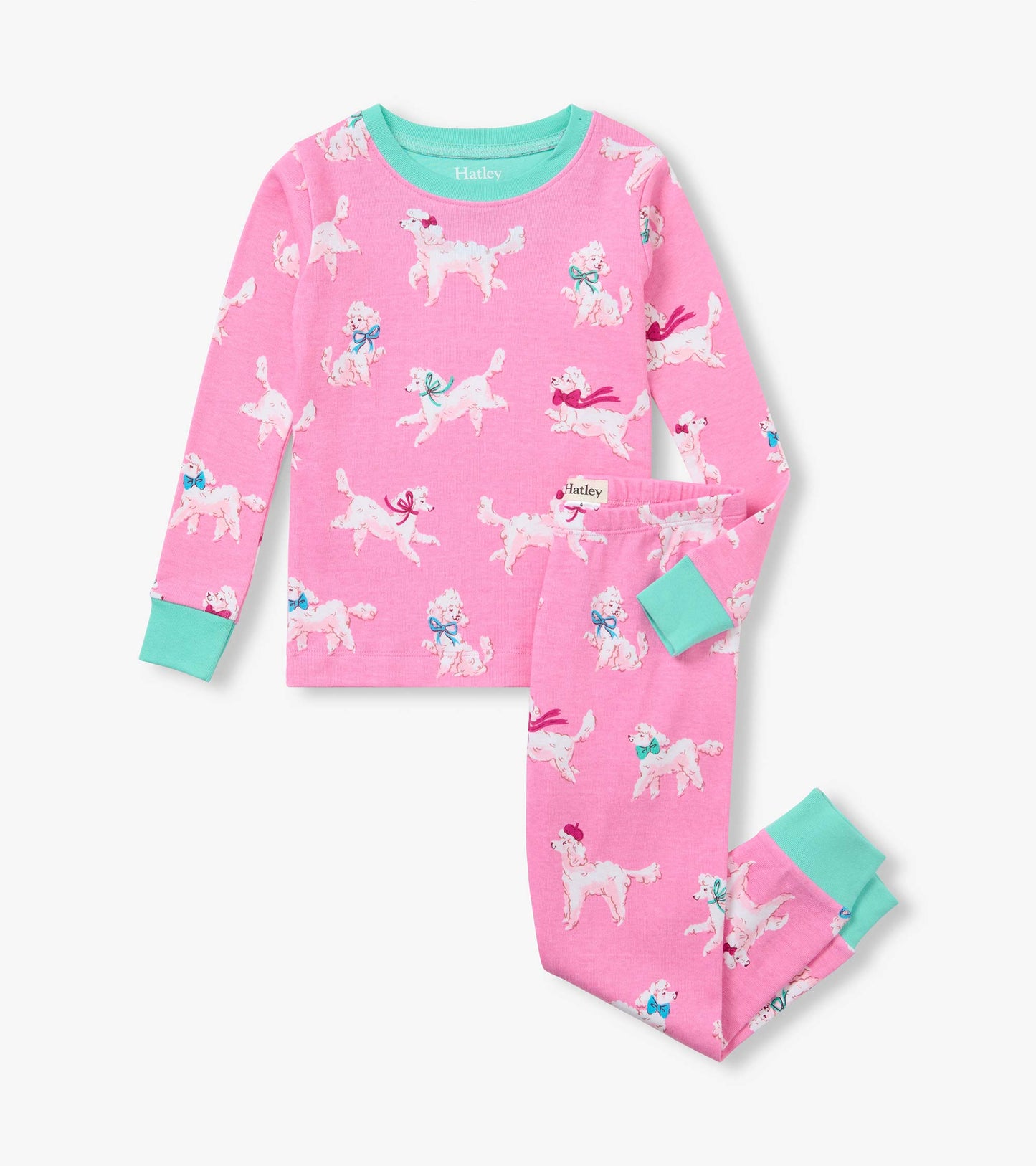 Kids pink pajama set with white poodle print, aqua trim, long sleeve top, and matching pants
