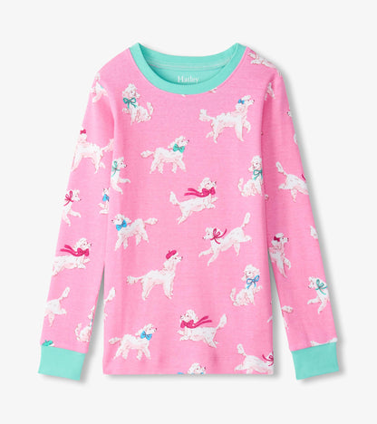 Girls pajama top in pink with white poodle print and mint green neckline and sleeve cuffs