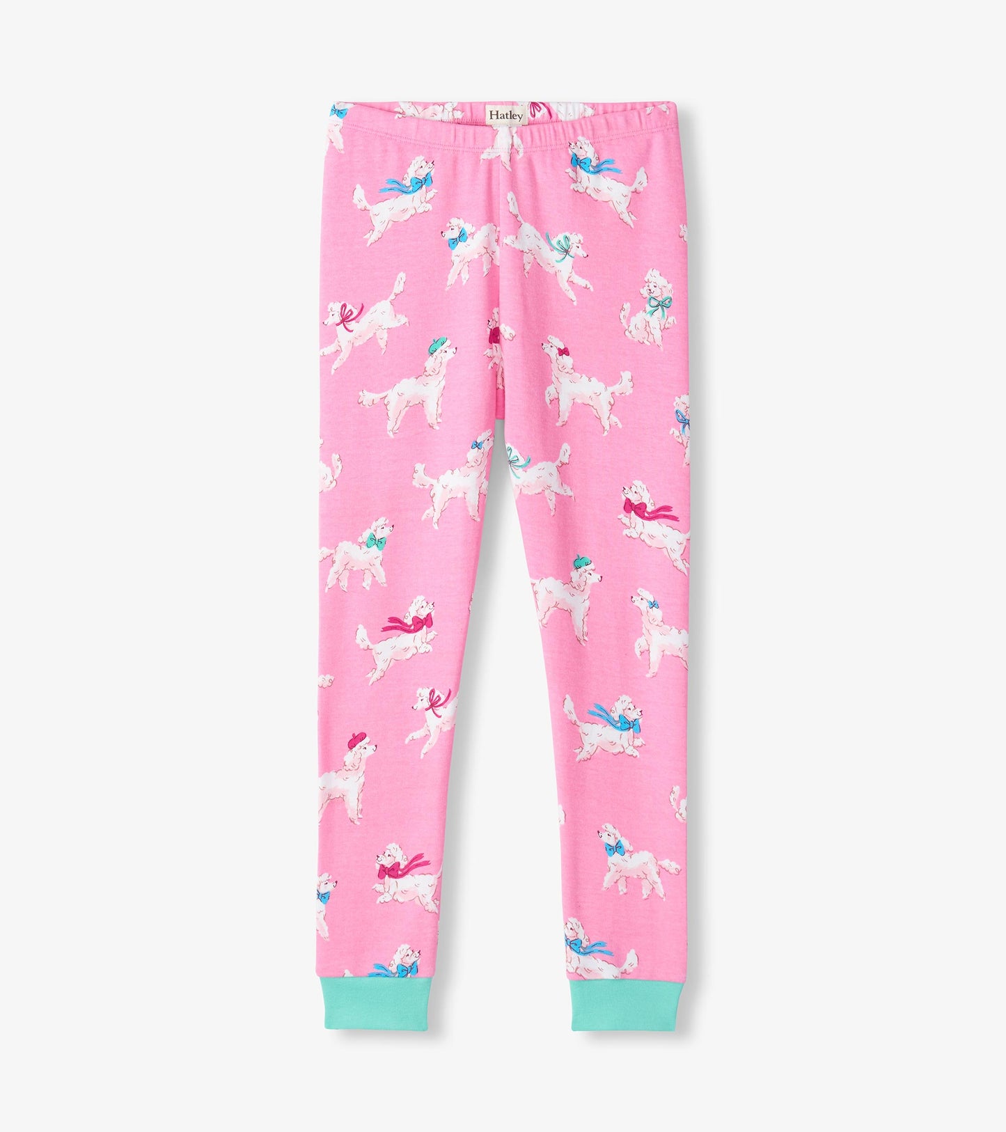 Girls pajama pants in pink with white poodle print and mint green ankle cuffs