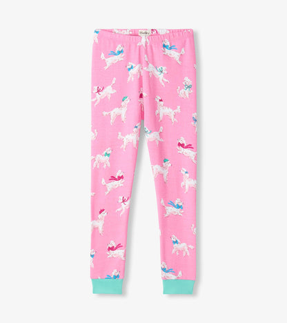 Girls pajama pants in pink with white poodle print and mint green ankle cuffs