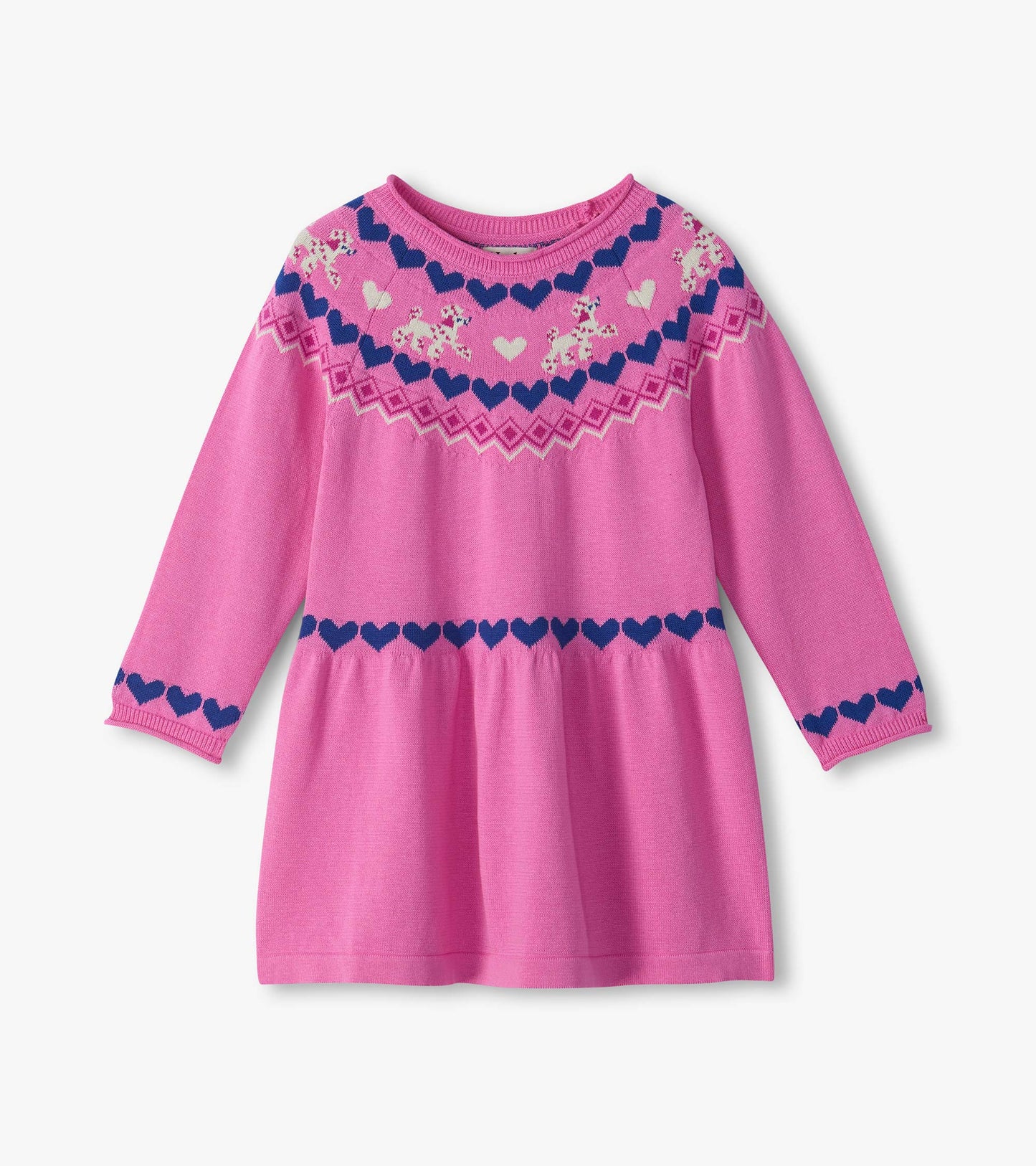 Pink flared sweater dress with long sleeves, blue heart trim, and white dog and heart pattern at the yoke