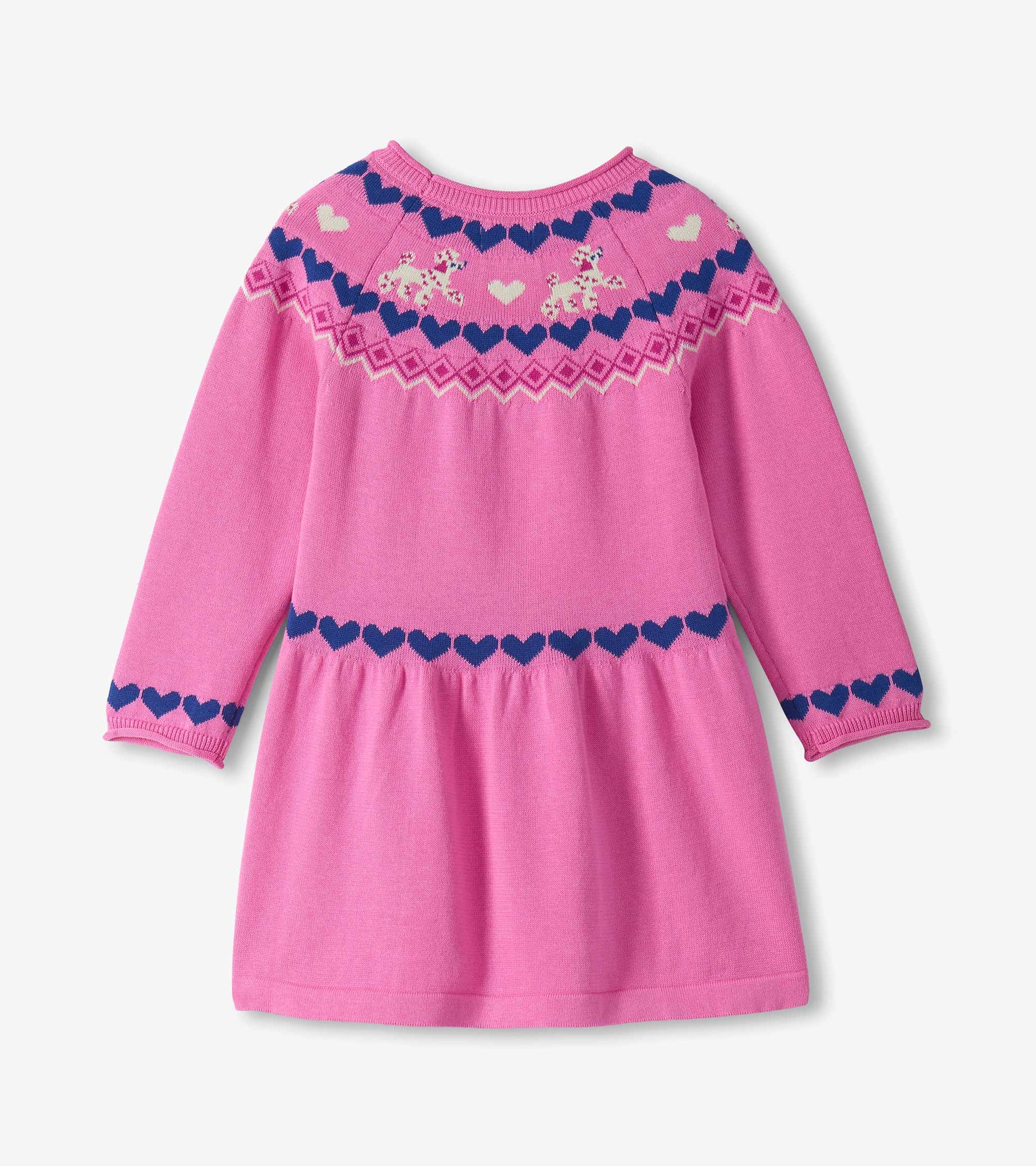 Back view of bright pink sweater dress with long sleeves, gathered skirt, navy hearts and cream puppy yoke