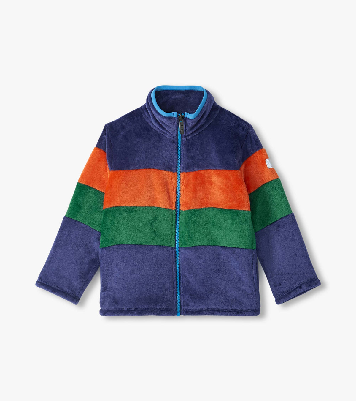 Front view of boys blue, orange and green colourblock fleece jacket with mock neck and full zip