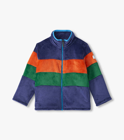 Front view of boys blue, orange and green colourblock fleece jacket with mock neck and full zip