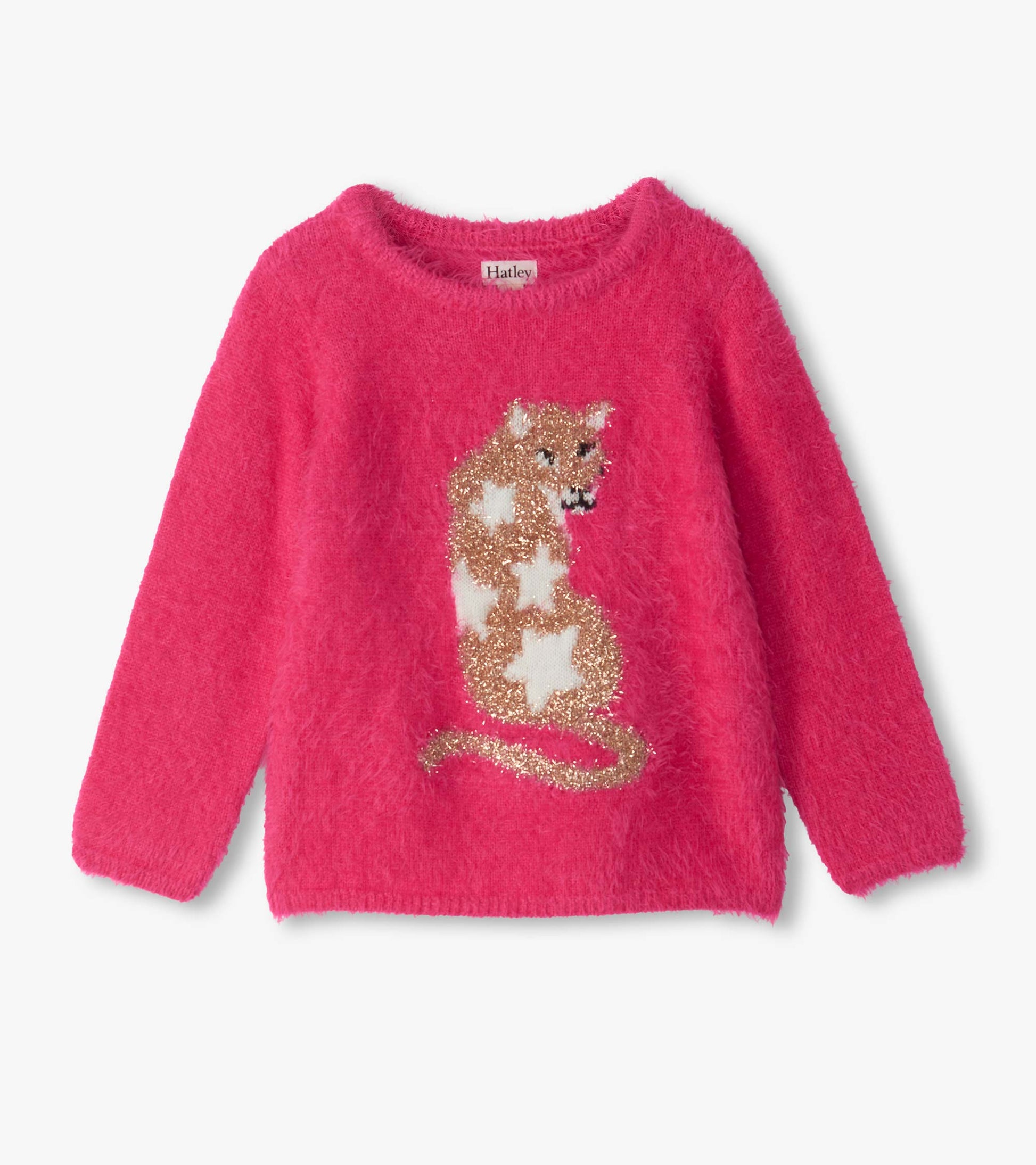 Bright pink fuzzy girls sweater with long sleeves and a glitter cat graphic on the front