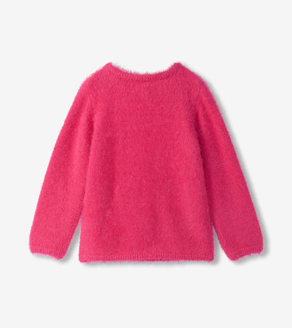 Back view of bright pink fuzzy girls sweater with long sleeves and round neckline