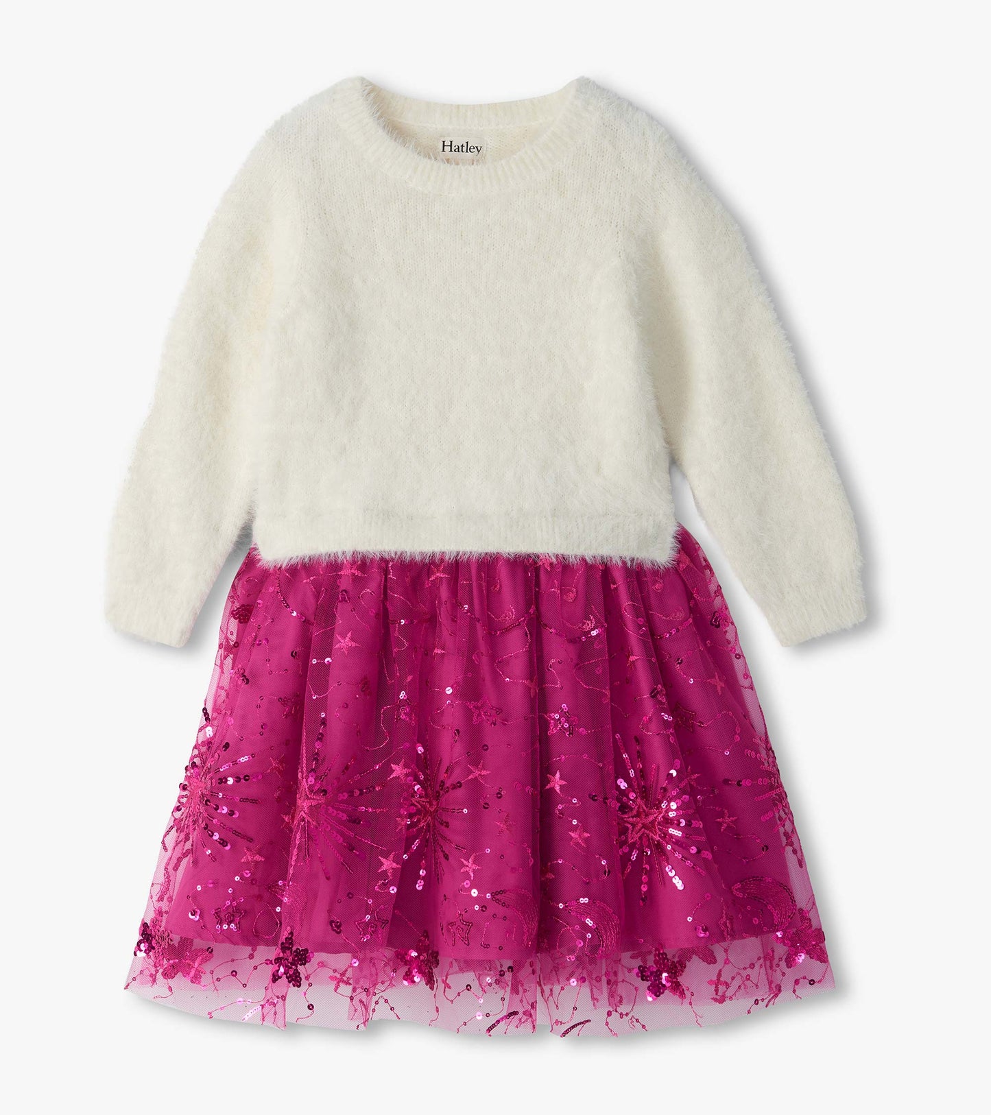 Girls mixed dress with ivory fuzzy long-sleeve top and bright pink sequined starburst tulle skirt