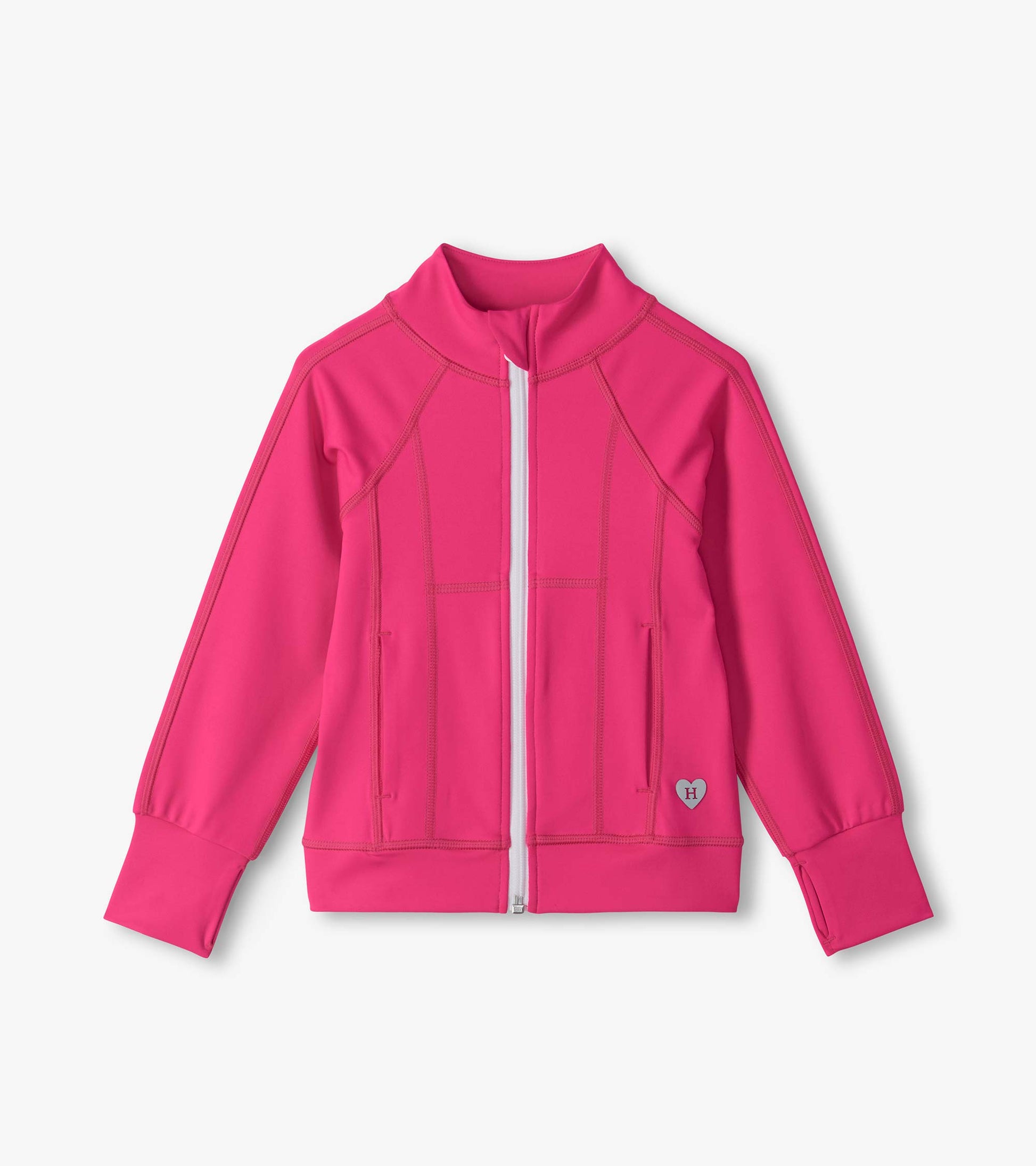 Girls bright pink active jacket, front view with white zipper, mock neck, fitted seams, and thumbhole cuffs