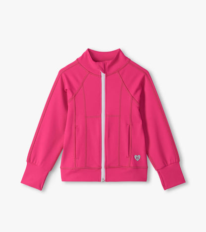 Girls bright pink active jacket, front view with white zipper, mock neck, fitted seams, and thumbhole cuffs