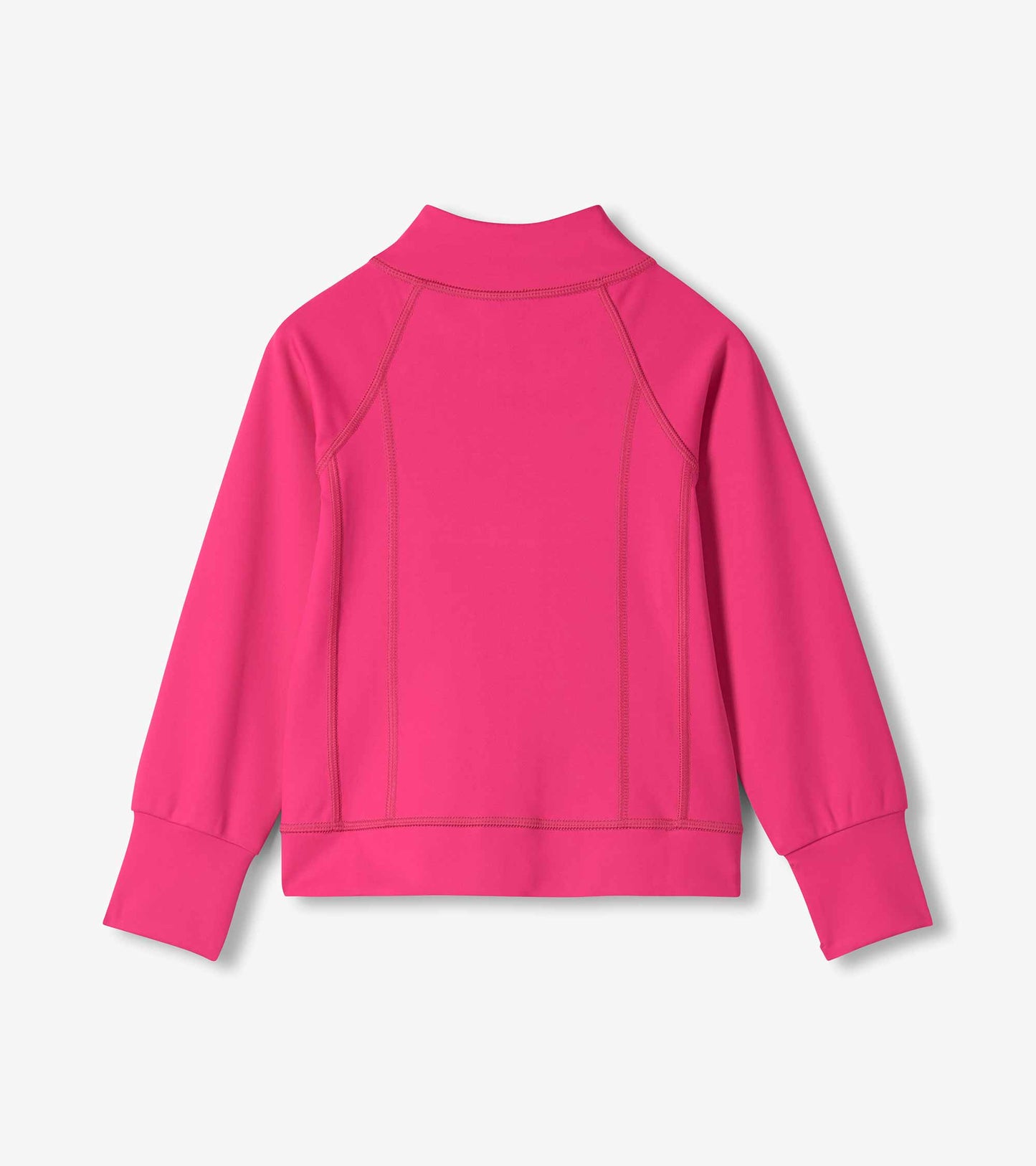Girls bright pink active jacket, back view with mock neck, long sleeves, and fitted seam detailing